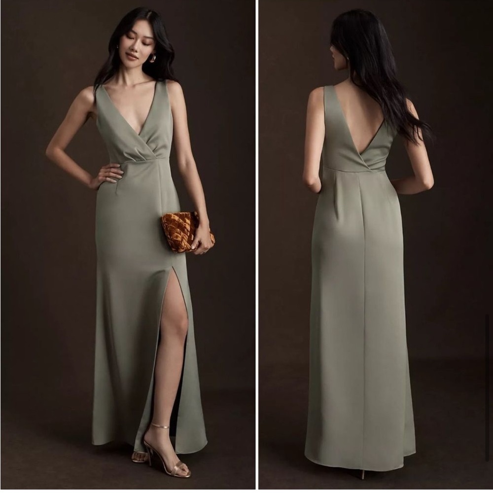 BHLDN Piper Satin Moss Green V Neck Side Slit Dress Size 4